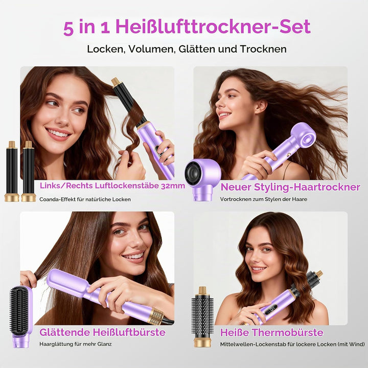 Neue Airstyler 5 in 1 Föhnbürste Set, Ionen Hairstyler mit 30mm Warmluft-Lockenstab | 1000W Haartroc
