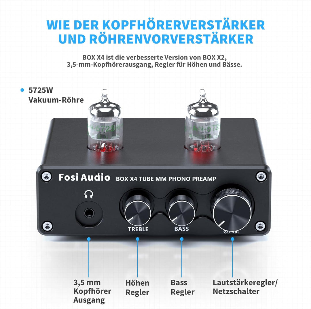 Fosi Audio X4 HiFi Phono Röhren Vorverstärker, Hi-Fi Röhrenvorverstärker Kopfhörerverstärker, JAN 56