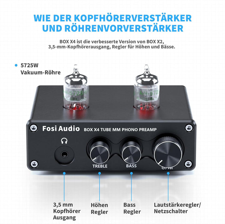 Fosi Audio X4 HiFi Phono Röhren Vorverstärker, Hi-Fi Röhrenvorverstärker Kopfhörerverstärker, JAN 56