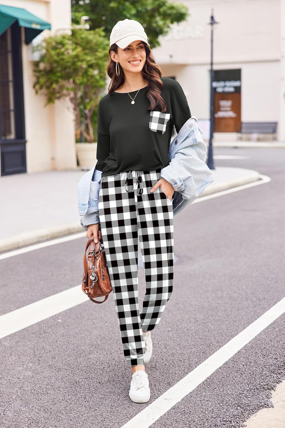 Ekouaer Schlafanzug Damen Lang Zweiteiler Pyjama Langarm Warm Pyjama Set Weich Nachtwäsche Kariert,