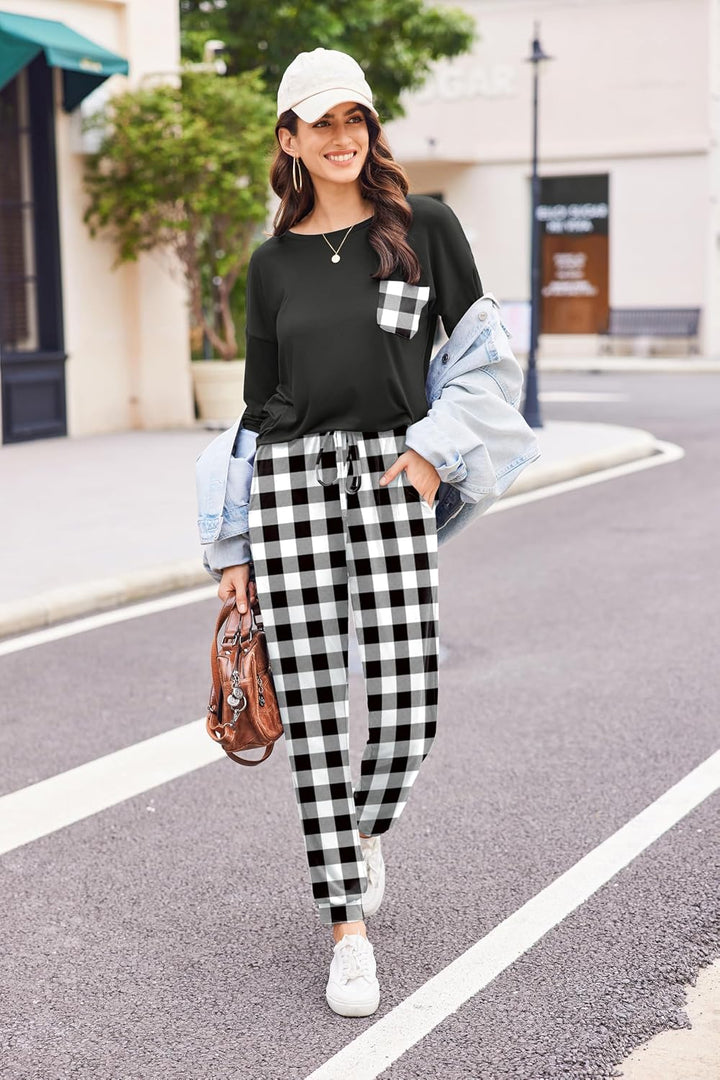 Ekouaer Schlafanzug Damen Lang Zweiteiler Pyjama Langarm Warm Pyjama Set Weich Nachtwäsche Kariert,