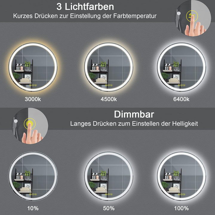 AI-LIGHTING Badspiegel Rund mit Beleuchtung 50 cm Led Badezimmerspiegel mit Beleuchtung Antibeschlag