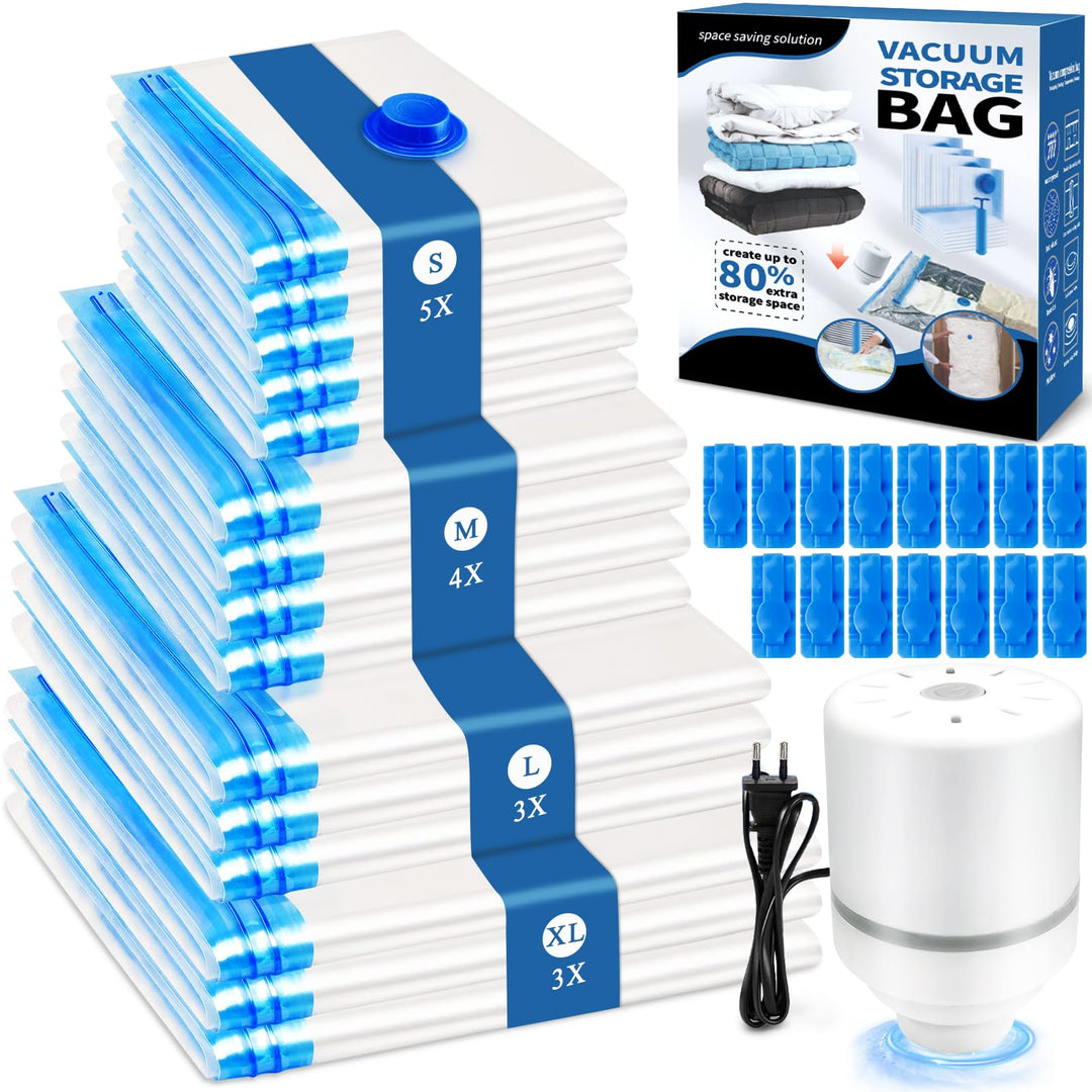 Vakuumbeutel für Kleidung mit Elektrischer Luftpumpe, 15PCS Vacuum Bags, 3xJumbo, 3xGross, 4xMittelg