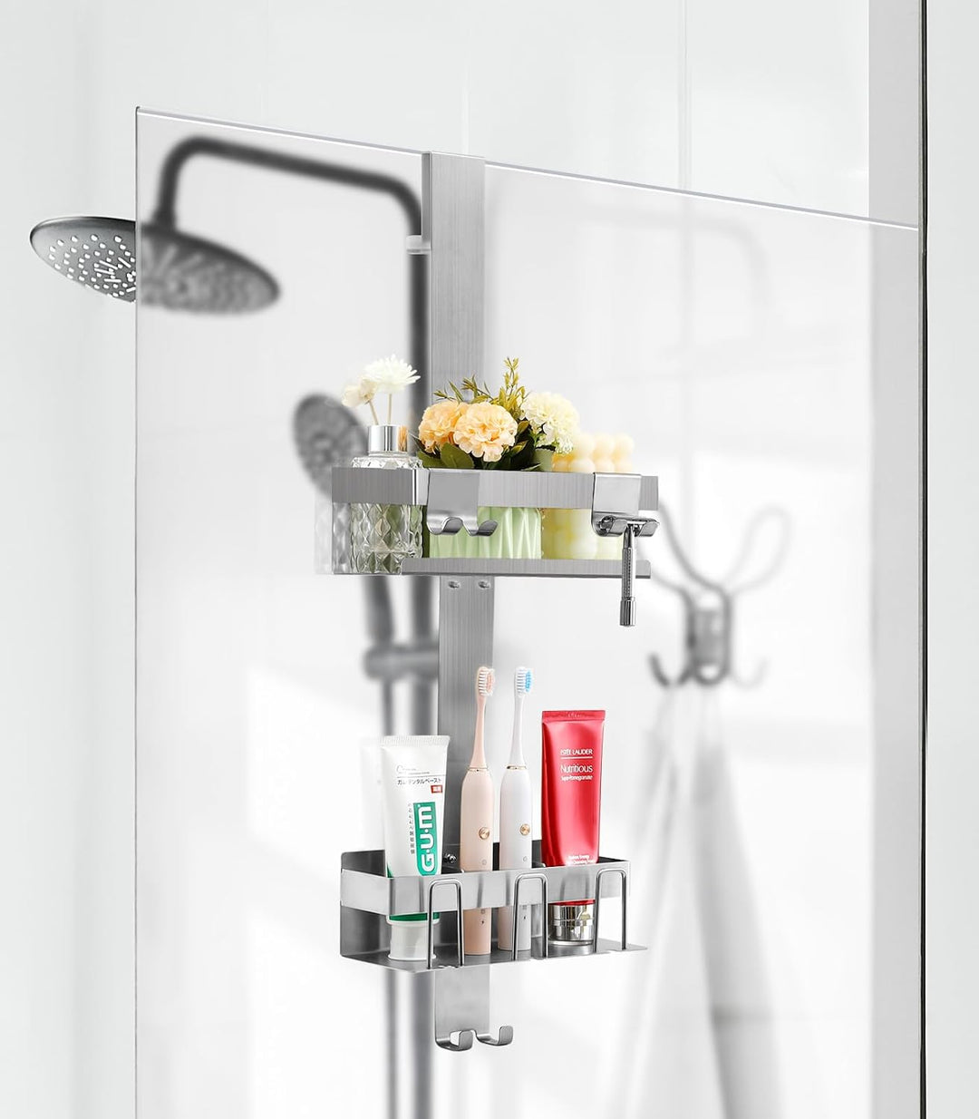 Emibele Duschablage ohne Bohren, Edelstahl Badezimmer Organizer mit 2 Körben &amp; 8 Haken, Duschregal o