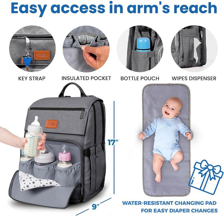 PILLANI Baby-Wickeltaschen-Rucksack – grosse Tasche für Jungen und Mädchen – Wickelrucksack – Reise-