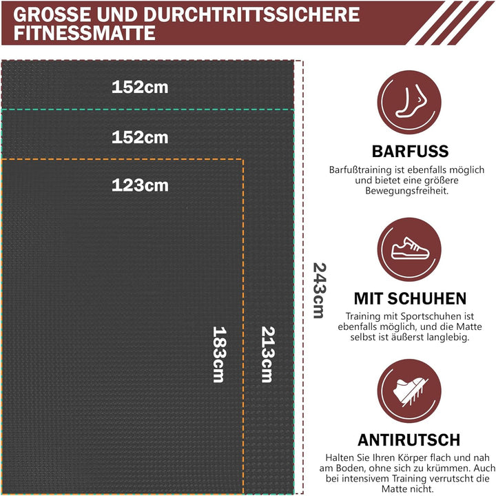 Stepwaver XXL-Fitnessmatte, 183x122 / 213x152 / 243x152cm (6mm) Dicke Trainingsmatte für Heimstudio