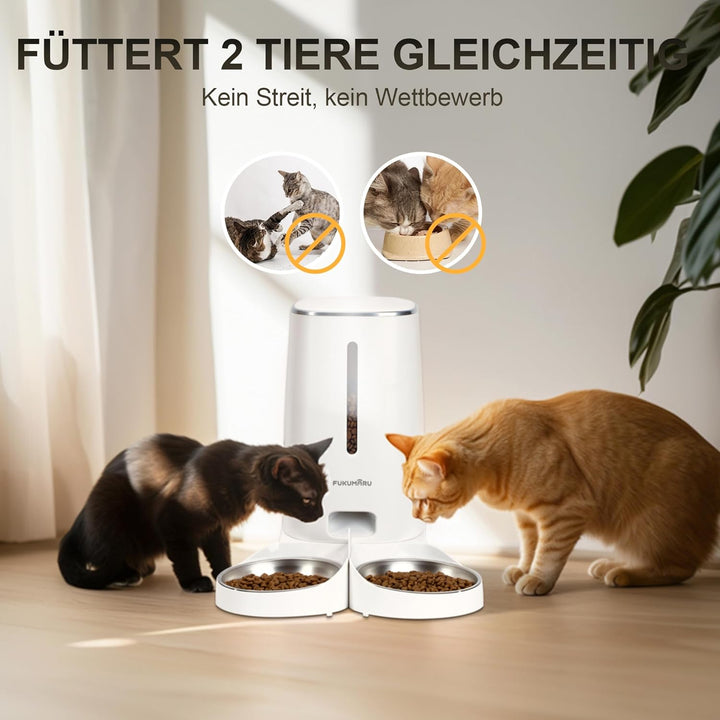 FUKUMARU Futterautomat Katze，4L Katzenfutter Automat WiFi mit Doppelnäpfen, Automatischer Futterspen