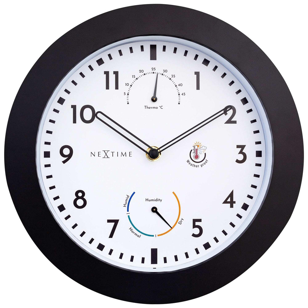 NeXtime Wall Clock (Garden/Inside) 25,5 cm-Time/Temp/Humidity-Black-Plastic Daisy, One Size
