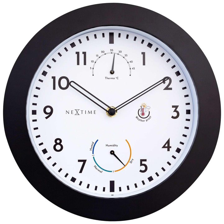 NeXtime Wall Clock (Garden/Inside) 25,5 cm-Time/Temp/Humidity-Black-Plastic Daisy, One Size