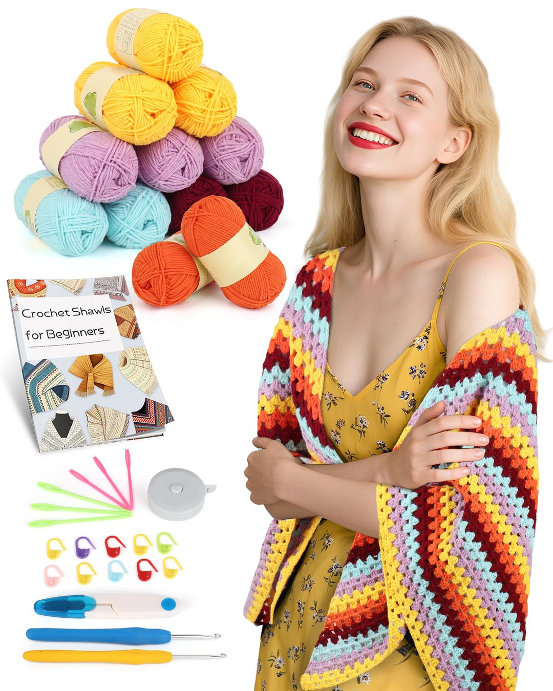 Aeelike Granny Square Shawl Häkelset für Anfänger, Häkelnadel Set mit Häkelnadeln 3,5mm 4,0mm, Häkel