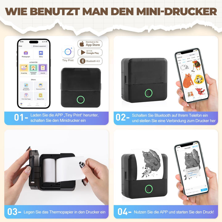 PRAOAHEI Mini Drucker, Tragbarer Thermodrucker mit 10 Rollen Druckerpapier | Bluetooth Etikettendruc