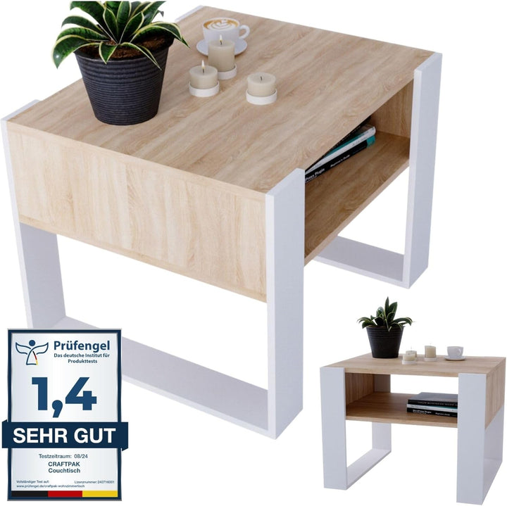 CraftPAK Wohnzimmer Tisch für Couch aus hochwertigem Holz, Stabiler & moderner Couchtisch mit zusätz