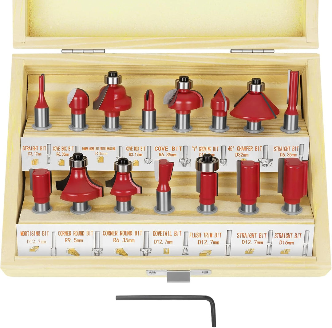 flintronic Fräser-Set, 8MM Fräsen Werkzeug Set, 15-TLG Holzkoffer Geschmiedeter Werkzeugstahl Oberfr