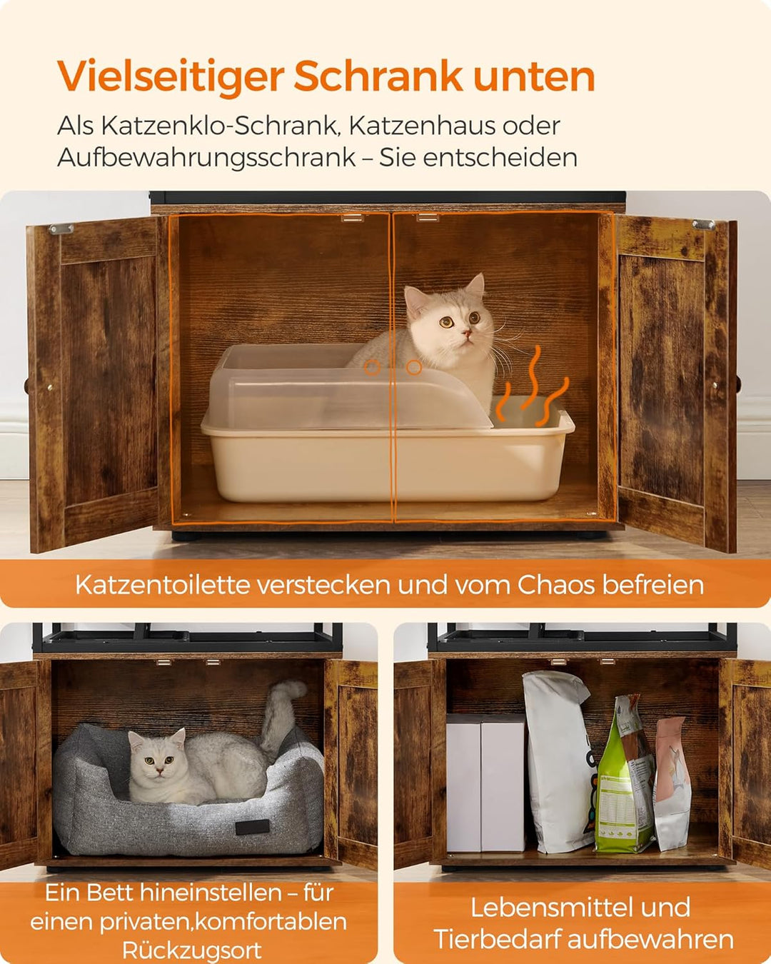 Feandrea Kratzbaum, Katzenbaum, Katzenhaus mit Katzenklo-Schrank, erhöhter Napfständer, Sisalstamm,