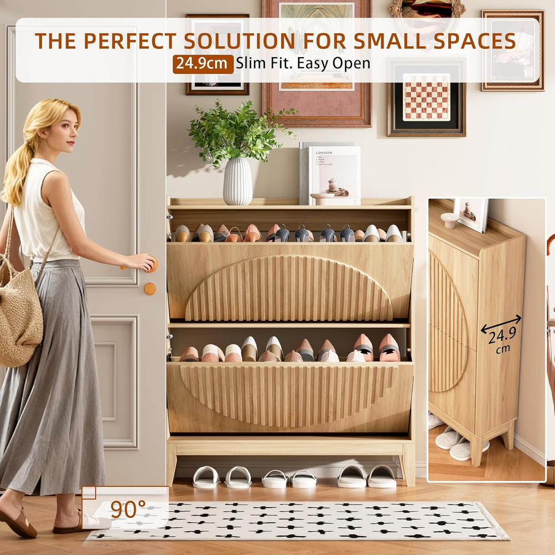 Vlsrka Geriffelte Schuhschrank Schmal Holz, Moderner Schuhkipper mit 2 Klappen, Schuhkipper schmal m