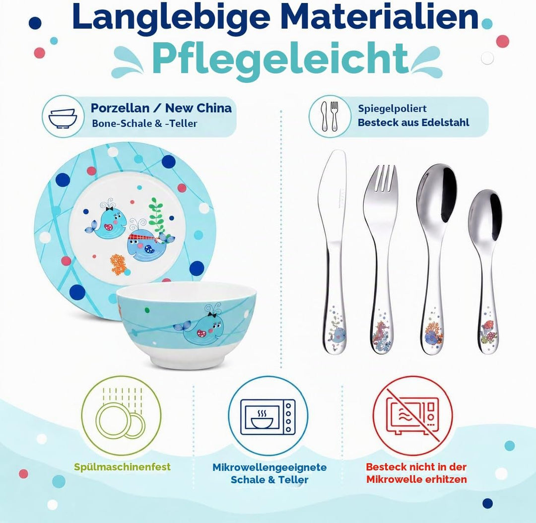 Exzact Besteck Geschenkset 6 Stücken aus Edelstahl/Kindergeschirr - 1 x Schale, 1 x Teller, 1 x Tafe