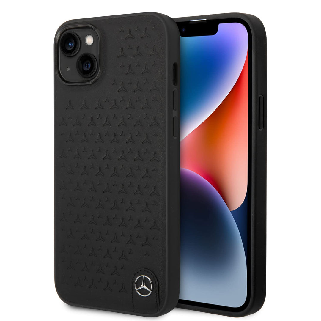 CG MOBILE Mercedes-Benz Schutzhülle für iPhone 14 Max (echtes Leder, mit Sternmuster) Schwarz