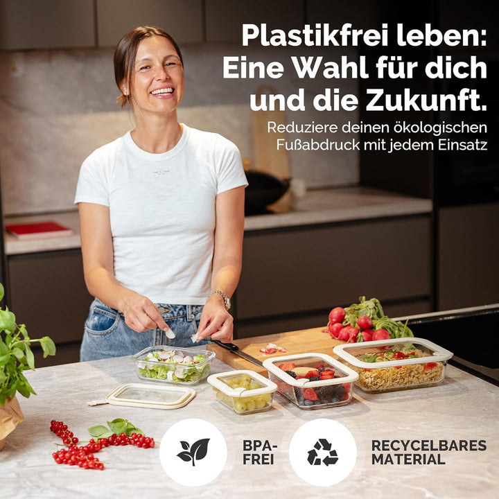 Frischhaltedosen Set 1x370ml, 1x640ml, 1x1020ml, 1x1520ml – Borosilikatglas, Glasbehälter luftdicht