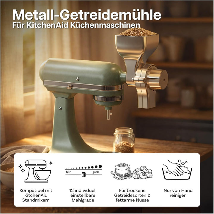 Getreidemühlen-Aufsatz kompatibel mit KitchenAid Standmixer von MMOBIEL – 12 Einstellbare Mahlgrade