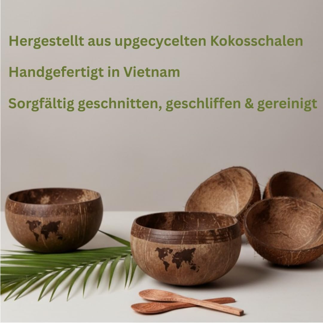 Kokosnuss Bowls - 2er Set Müslischalen, Smoothie Kokosnuss Schalen mit Anti-Kipp-Ring &amp; Holzlöffel –