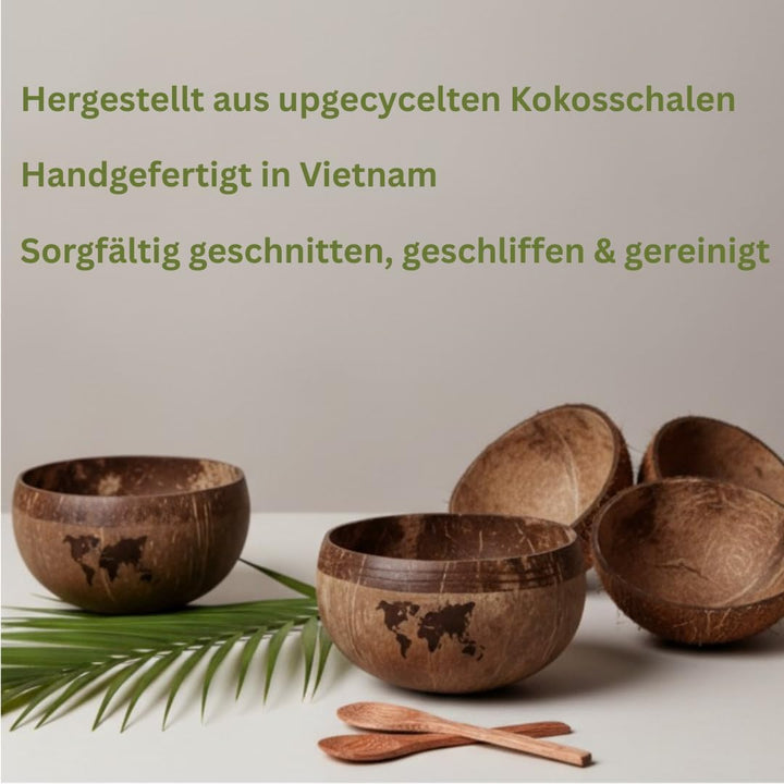 Kokosnuss Bowls - 2er Set Müslischalen, Smoothie Kokosnuss Schalen mit Anti-Kipp-Ring &amp; Holzlöffel –