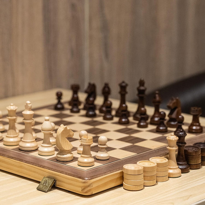 A&A 15 inch Wooden Folding Chess & Checkers Set w/ 3 inch King Height Staunton Chess Pieces / 2 Extr