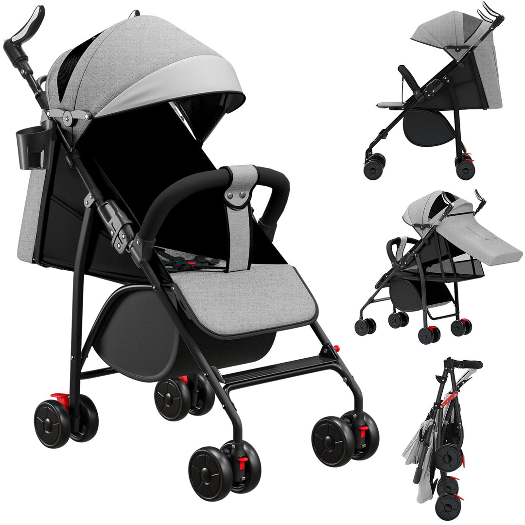 Kompakter Kinderwagen, 0 – 36 Monate, faltbar, mit Aufbewahrungskorb, Rückenlehne, neigbare Rückenle