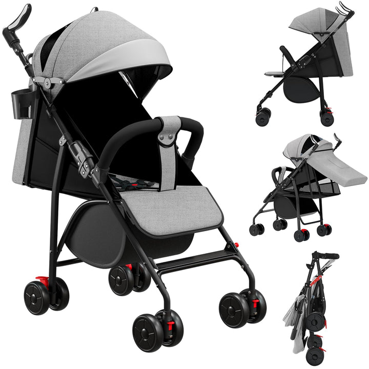 Kompakter Kinderwagen, 0 – 36 Monate, faltbar, mit Aufbewahrungskorb, Rückenlehne, neigbare Rückenle