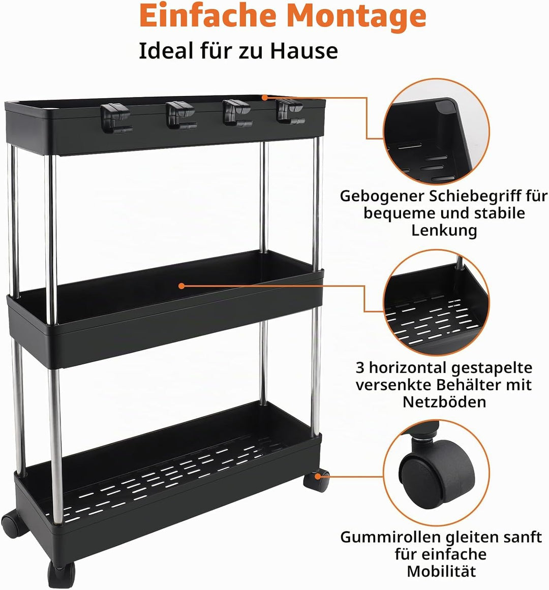 Vexillic Rollwagen, Küchenwagen mit 3 Ebenen, Aufbewahrungswagen, Küchenregal, Nischenregal, für Dre