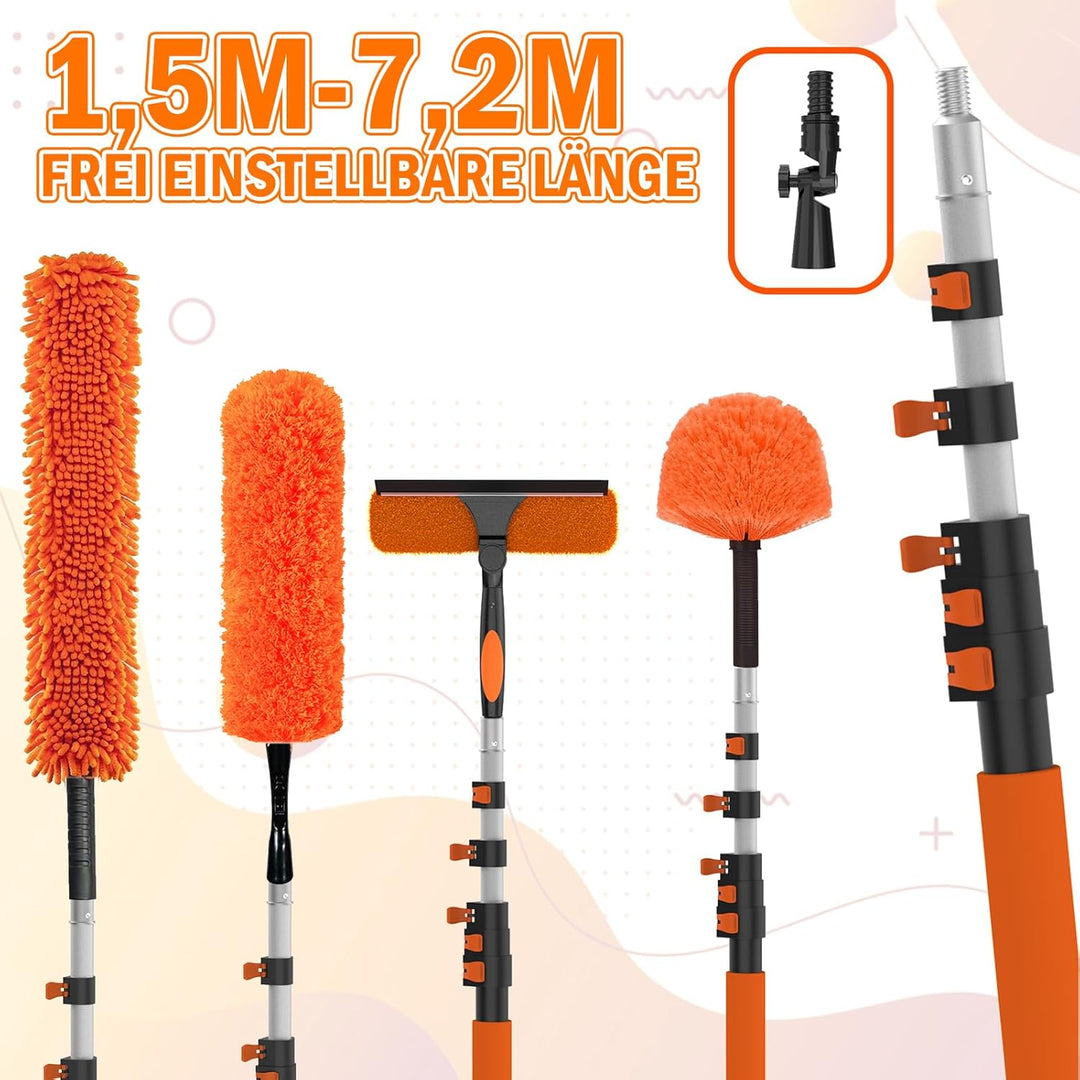 7,2M Staubwedel Teleskop Waschbar, Spinnwebenbesen mit Teleskopstiel, Fensterabzieher zum Reinigen v