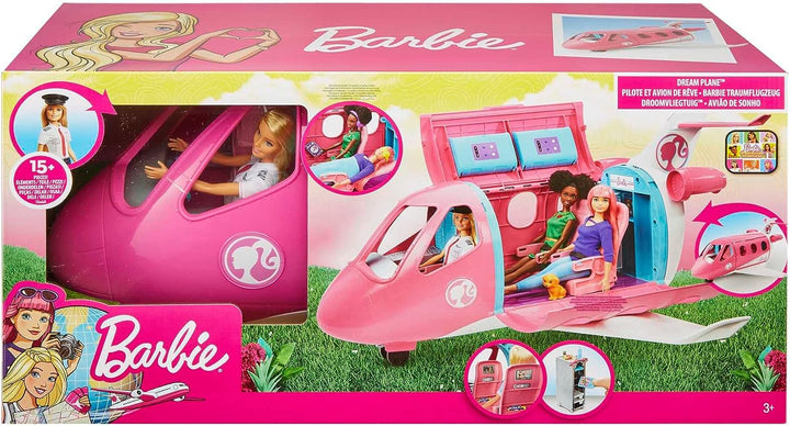Barbie Flugzeug mit Pilotin Barbie Puppe, mit beweglichen Räder und 15x Barbie Zubehör inkl. Haustie