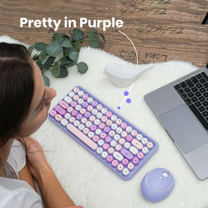 Perixx PERIDUO-713PP Wireless Mini Keyboard and Mouse Combo - Retro Round Key Caps - Pastel Purple -