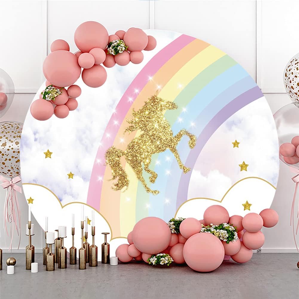 Aoihrraan 180cm Durchmesser Einhorn Runden Hintergrund für Fotografie Golden Glitzerndes Einhorn Glä