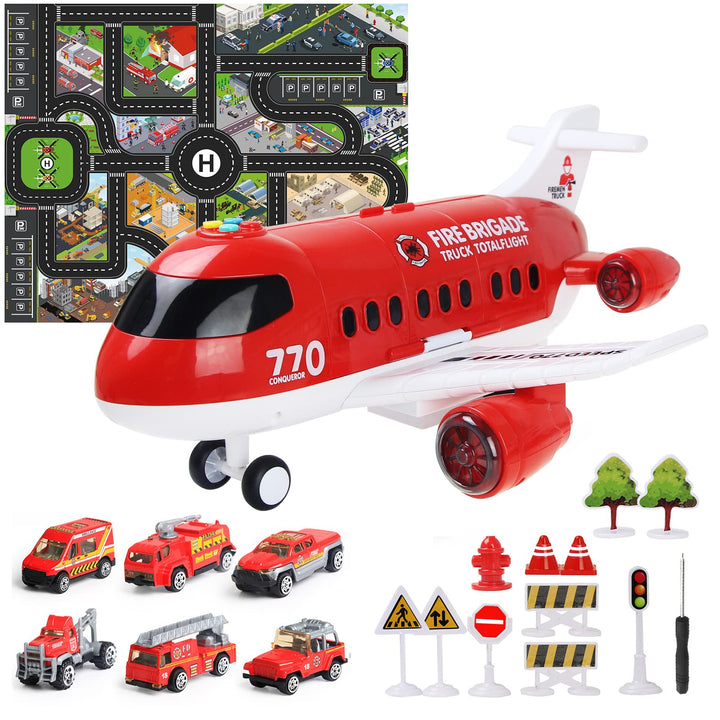 Coolplay Flugzeug Spielzeug Auto Set, 1 Gross Flugzeug 6 Feuerwehrauto mit Verkehrsschilder Spielzeu