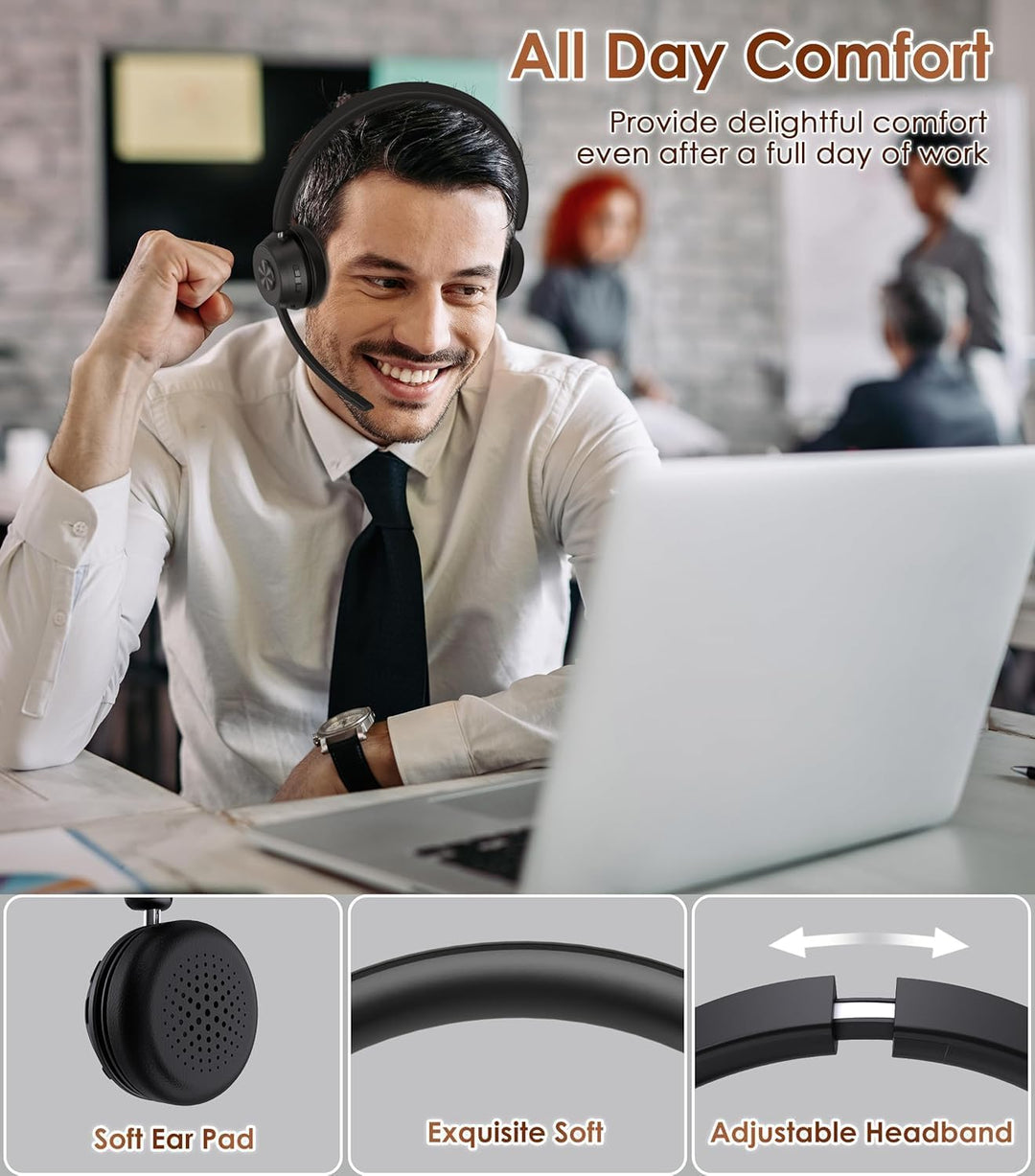Soothielec Bluetooth Headset, Kabelloses Headset mit Mikrofon mit Geräuschunterdrückung, bestes Head