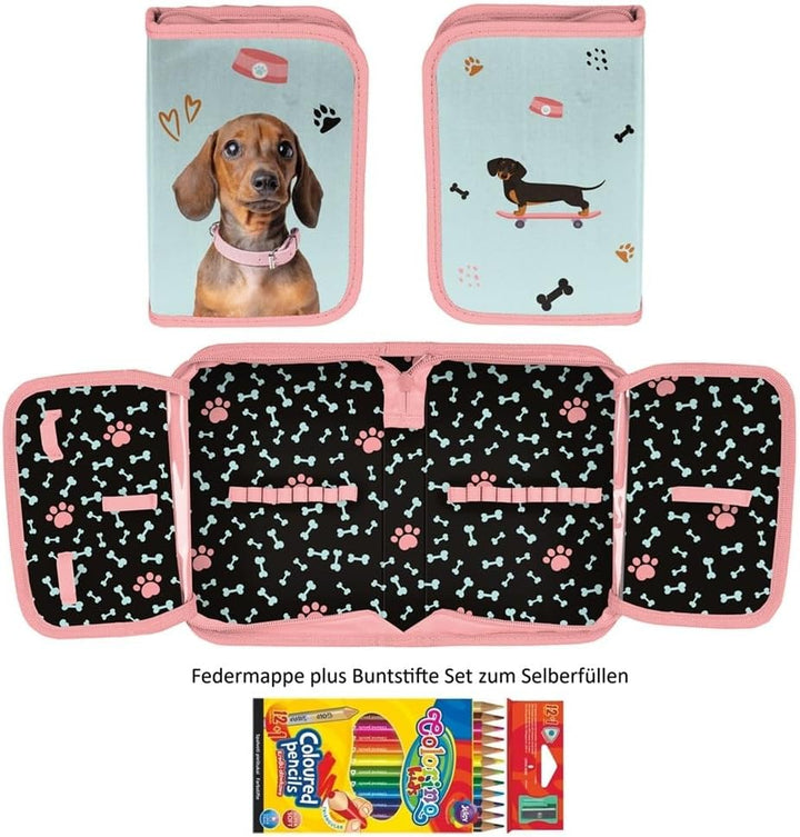 Familando - Schulranzen Set - 8-teilig mit Federmappe - Weenie Dog Dackel - Ergonomisch, stabil & mi