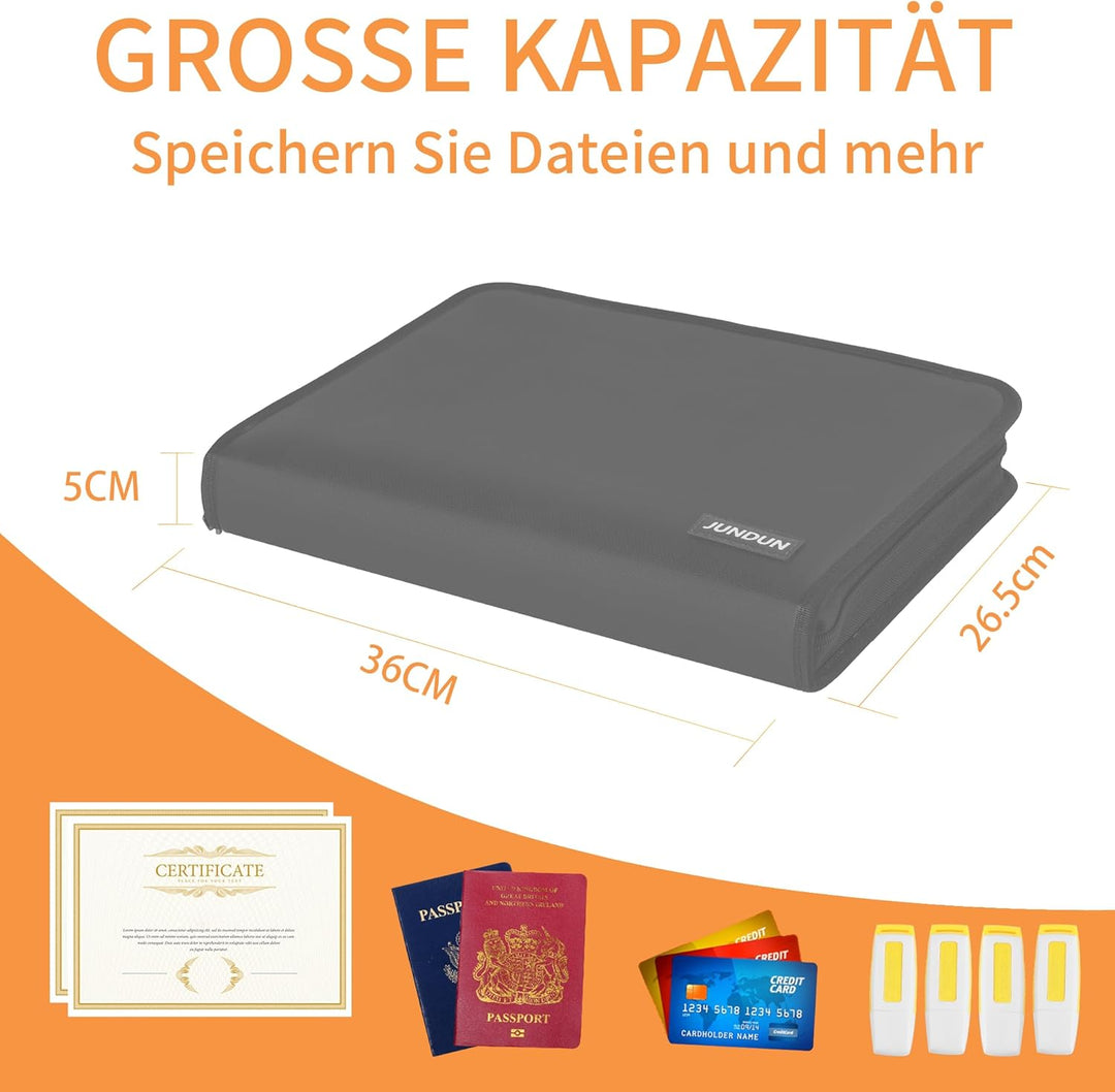 JUNDUN Fächermappe - Dokumentenmappe a4 mit mehreren Fächern - Feuerfest Dokumententasche mit Reissv
