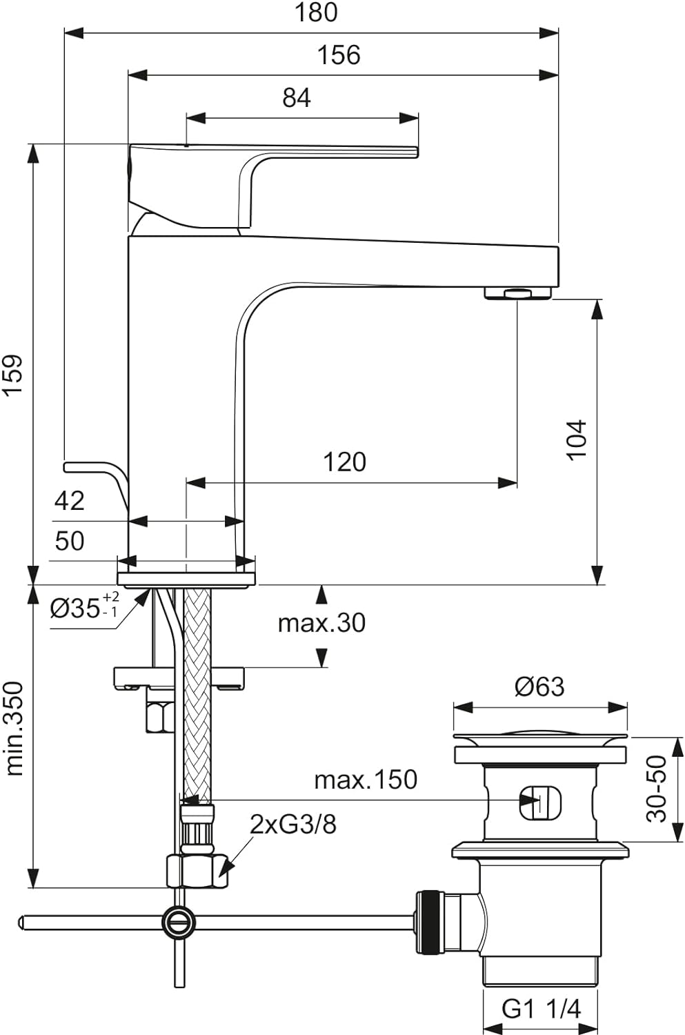 Ideal Standard BC686AA Cerafine D Waschtischarmatur Grande mit Zugknopf-Ablaufgarnitur Auslaufhöhe 1