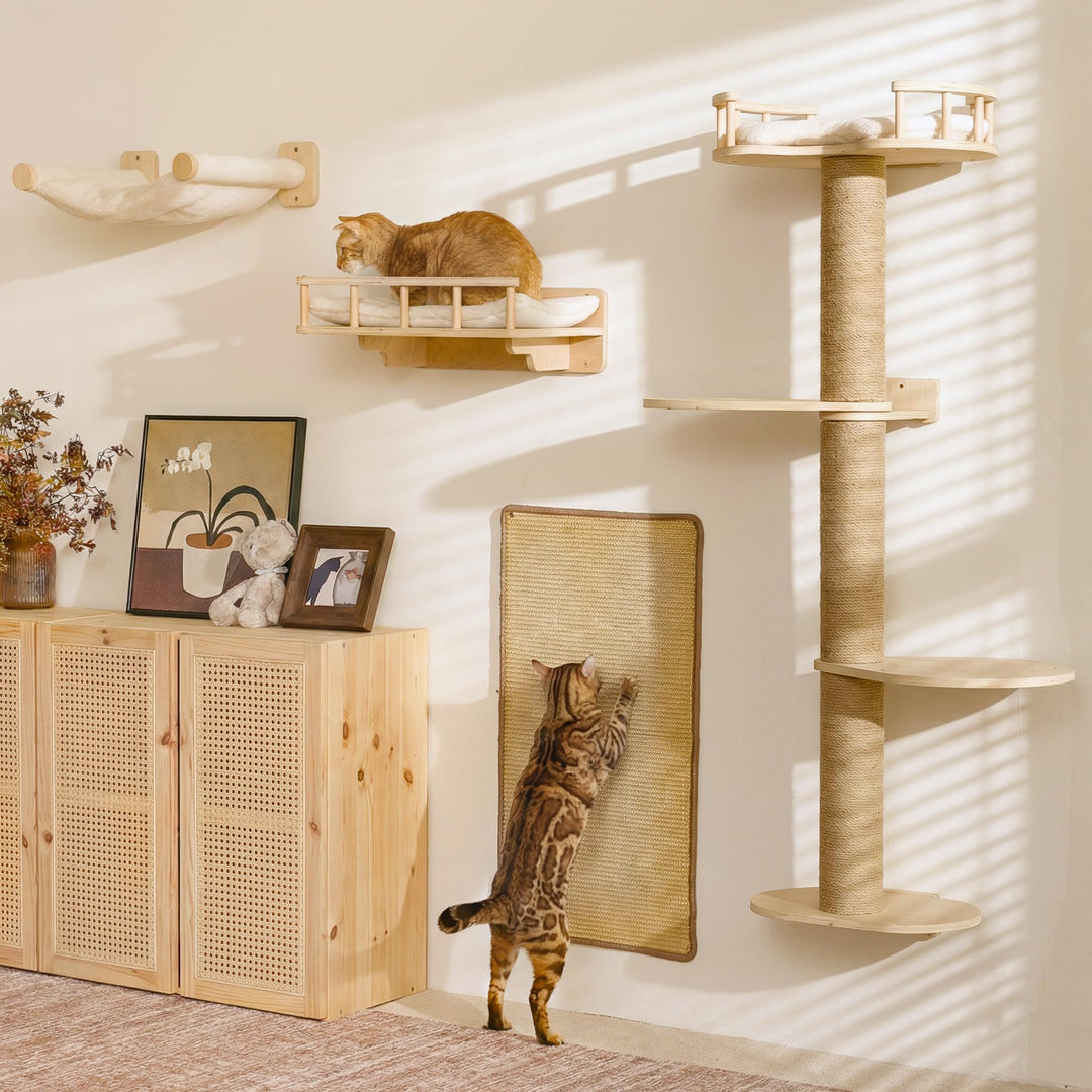 FUKUMARU Kletterwand Katzen-Set, 4 in 1 stabiles Wandmöbel aus mehrschichtigem Holz mit Hängematte,
