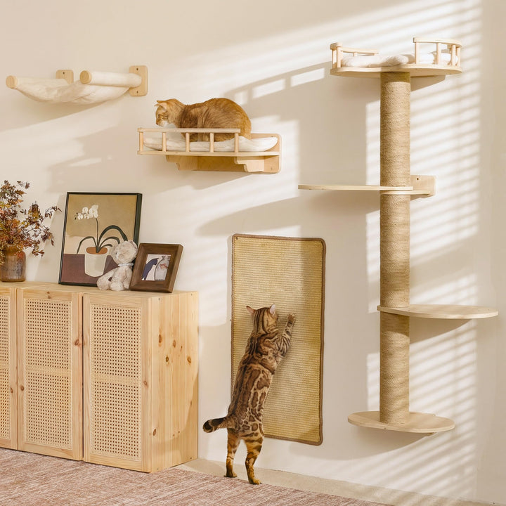 FUKUMARU Kletterwand Katzen-Set, 4 in 1 stabiles Wandmöbel aus mehrschichtigem Holz mit Hängematte,