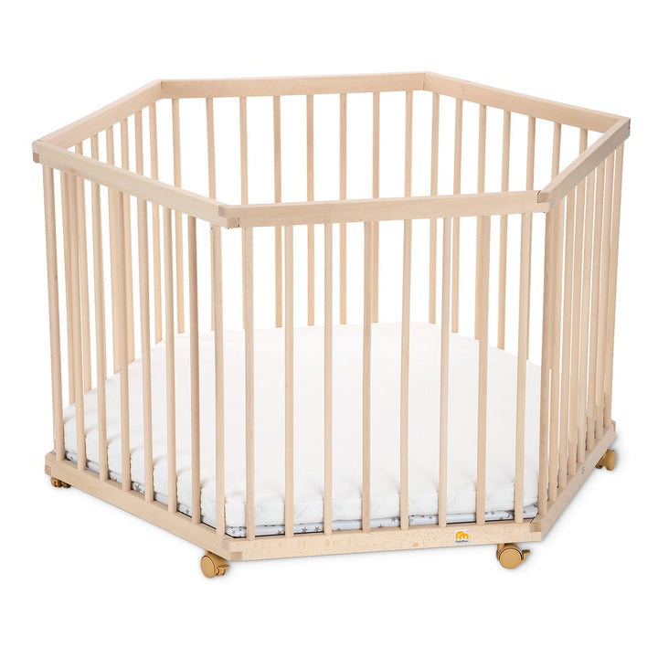 FabiMax Baby Laufgitter 6-eck, stufenlos höhenverstellbar, mit Schlupfsprossen, Laufstall aus massiv