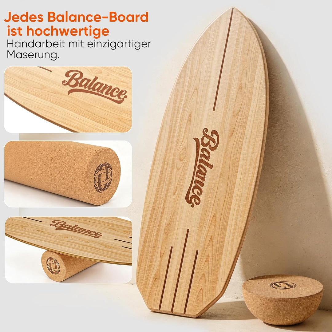 Balance Board Komplett-Set aus Massivholz – 4-in-1 Gleichgewichtsboard mit Rolle, Halbkugel &amp; Faszie