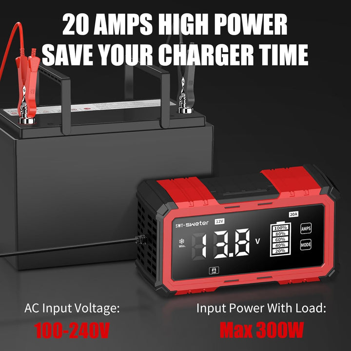 20A Car Battery Charger, 12V/24V Lifepo4 Lead Acid Battery Charger, Upgraded Automobile Smart Trickl