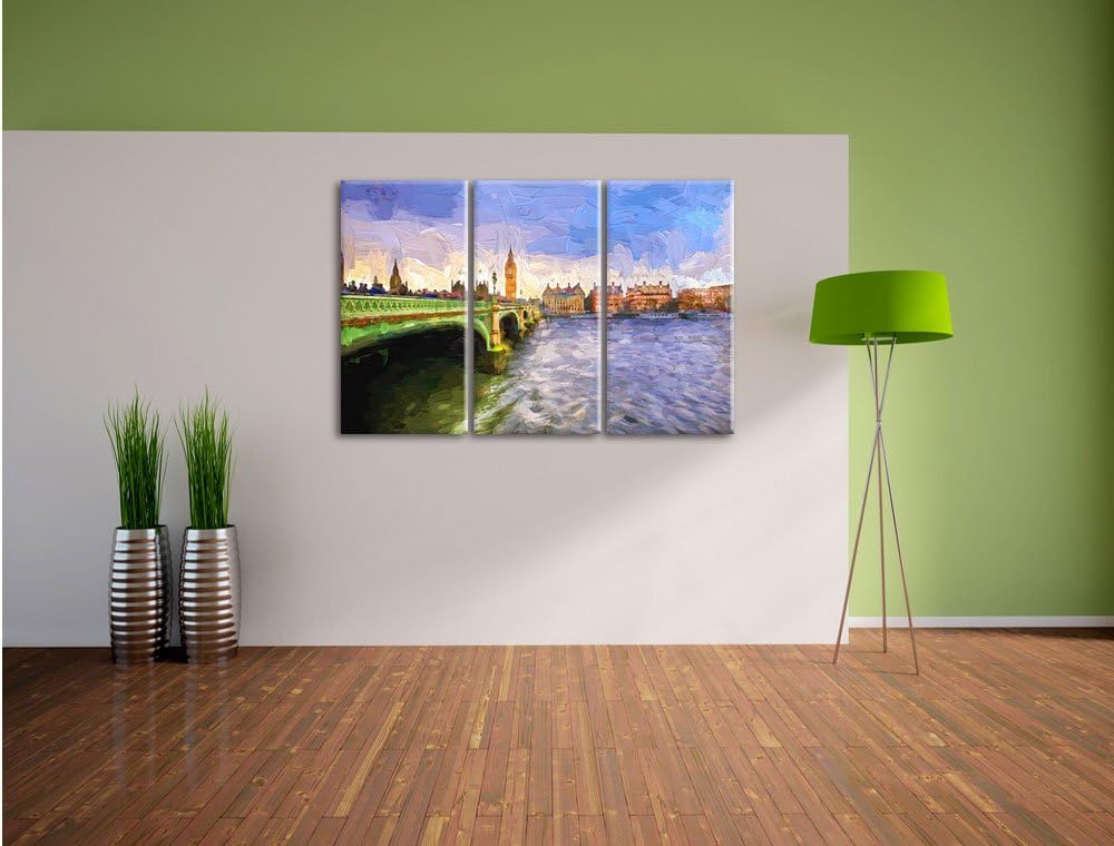 Pixxprint Big Ben mit Brücke in London Pinsel Effekt 3-Teiler Leinwandbild 120x80 Bild auf Leinwand