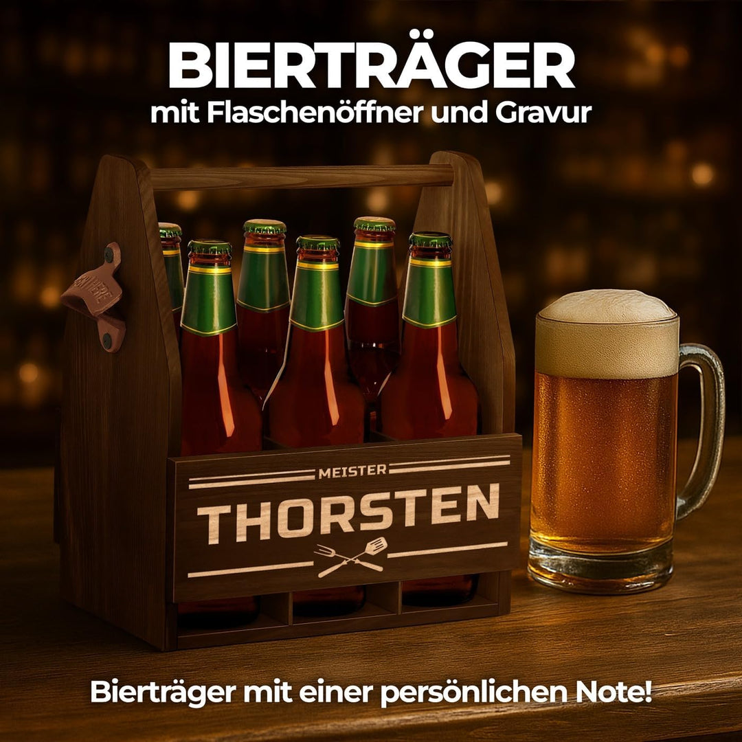 Maverton Bierträger für 6 Flaschen 0,5L + Gravur - Männerhandtasche mit Flaschenöffner - Grösse: 25x