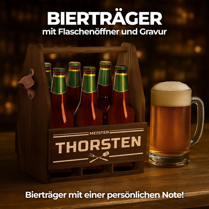 Maverton Bierträger für 6 Flaschen 0,5L + Gravur - Männerhandtasche mit Flaschenöffner - Grösse: 25x