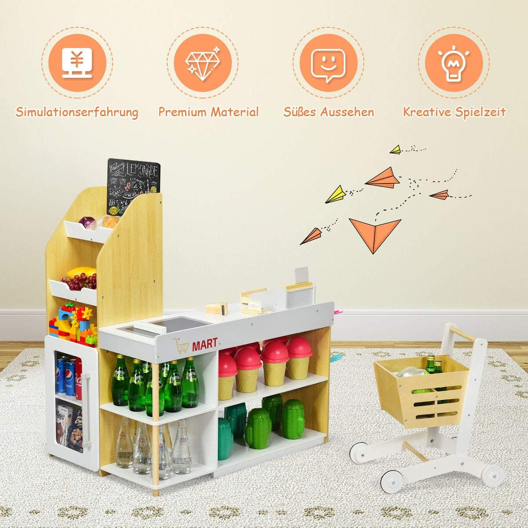 COSTWAY Kaufladen mit Einkaufswagen, Kaufmannsladen mit Tafel, inkl. Registrierkasse, Scanner, Karte
