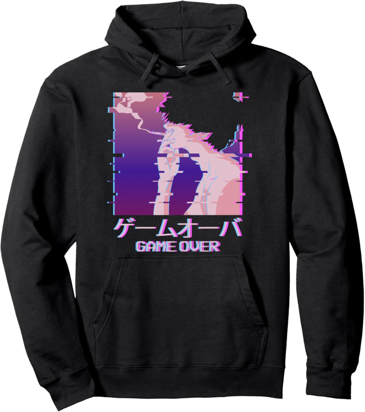 Japanese Vaporwave Smoking Sad Anime Boy Game Over Aesthetic Pullover Hoodie