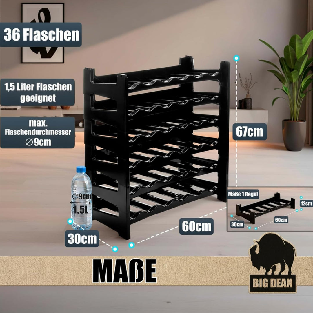 BigDean Flaschenregal stapelbar für 36 Flaschen Weinregal aus Kunststoff Schwarz Getränkeregal Flasc