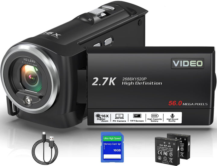 Videokamera 2.7K 56MP Camcorder 16X Digitalzoom Fülllicht Vlogging Camera Schwarz, Schwarz